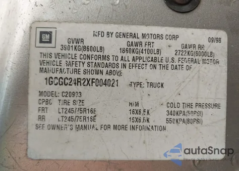 1999 Chevrolet C2500 из США, поврежденный, VIN 1GCGC24R2XF004021